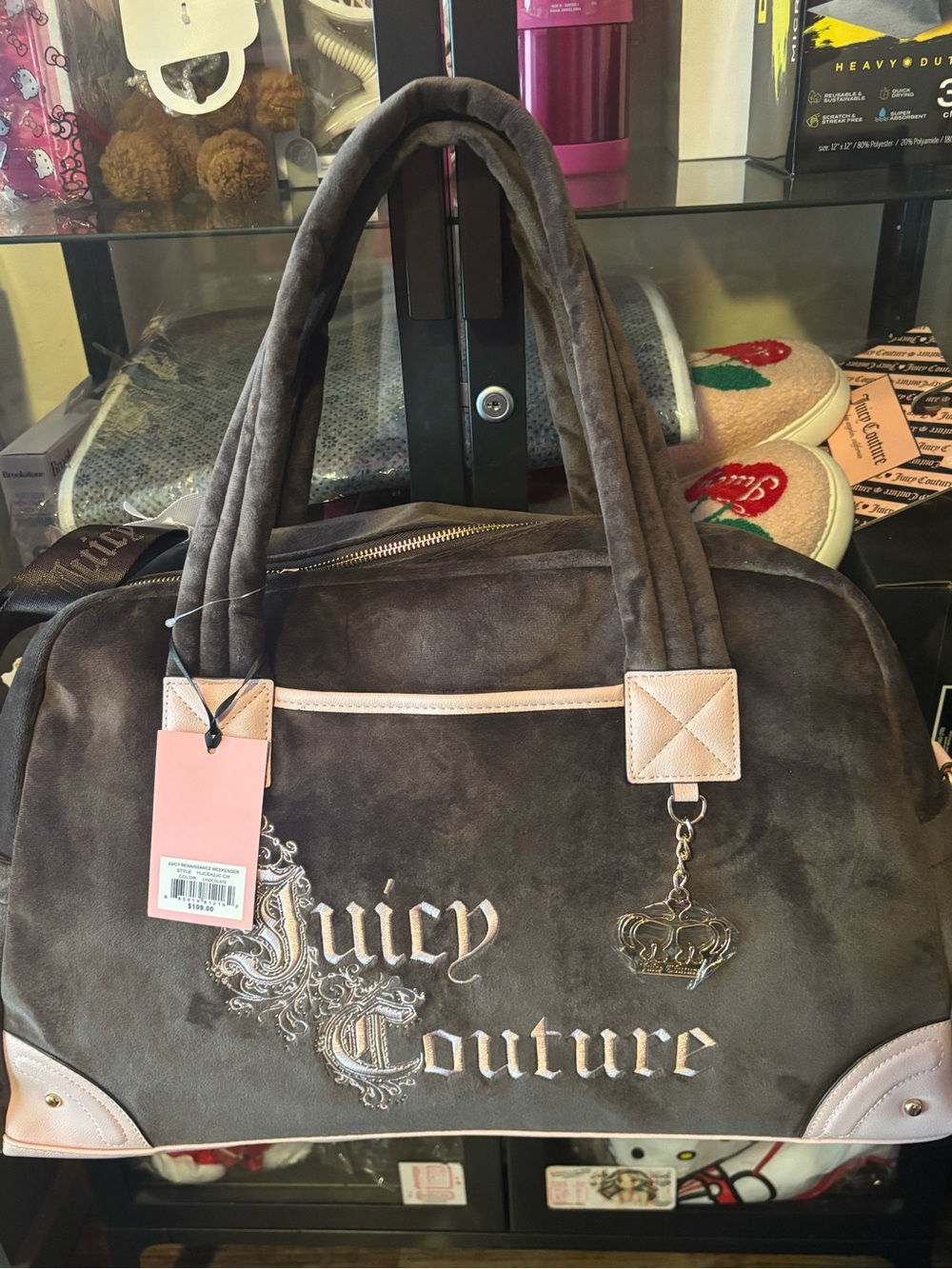 Juicy Couture Brown Velvet Travel Bag with Pink Trim